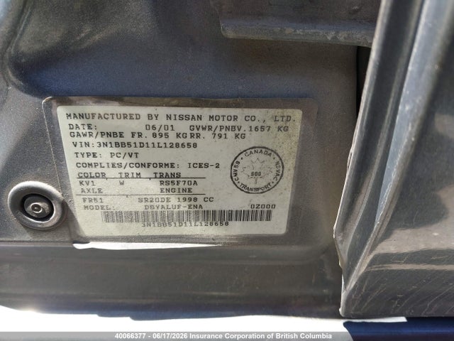 2001 Nissan Sentra Se მანქანა იყიდება აუქციონზე, vin: 3N1BB51D11L128658, აუქციონის ნომერი: 40066377