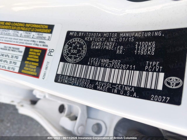Продажа на аукционе авто 2015 Toyota Camry, vin: 4T1BF1FK3FU026711, номер лота: 40073022