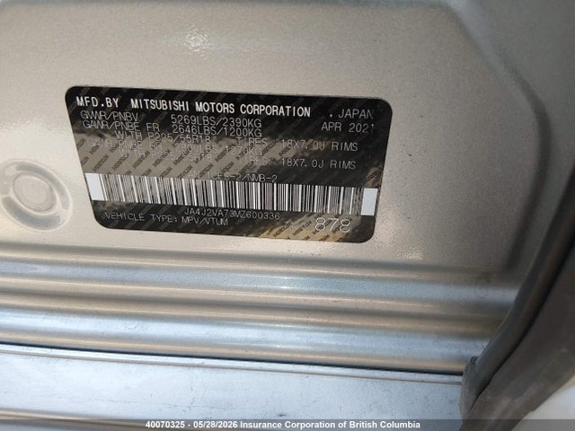 Продаж на аукціоні авто 2021 Mitsubishi Outlander Fe/sel/le/gt, vin: JA4J2VA73MZ600336, номер лоту: 40070325