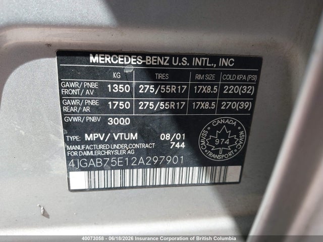 2002 Mercedes-benz Ml 500 მანქანა იყიდება აუქციონზე, vin: 4JGAB75E12A297901, აუქციონის ნომერი: 40073058