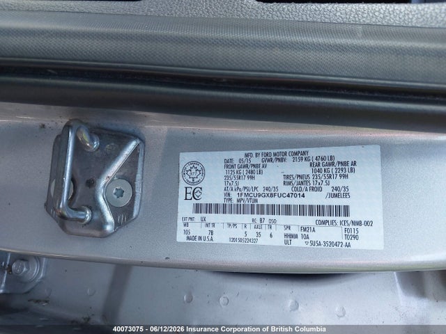 Продажа на аукционе авто 2015 Ford Escape Se, vin: 1FMCU9GX8FUC47014, номер лота: 40073075