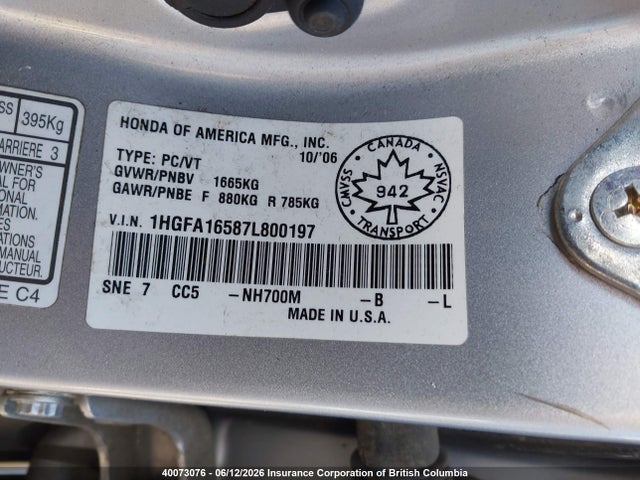 2007 Honda Civic მანქანა იყიდება აუქციონზე, vin: 1HGFA16587L800197, აუქციონის ნომერი: 40073076