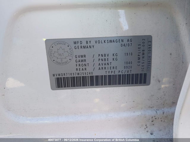 40073077 :رقم المزاد ، WVWDR71K97W259240 vin ، 2007 Volkswagen Rabbit مزاد بيع