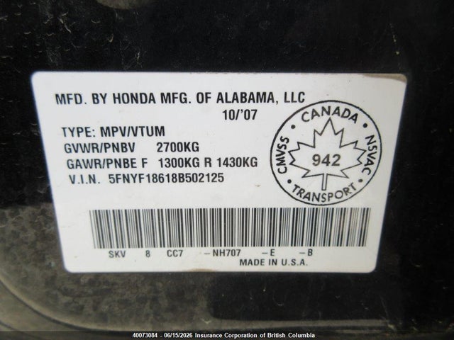 2008 Honda Pilot მანქანა იყიდება აუქციონზე, vin: 5FNYF18618B502125, აუქციონის ნომერი: 40073084