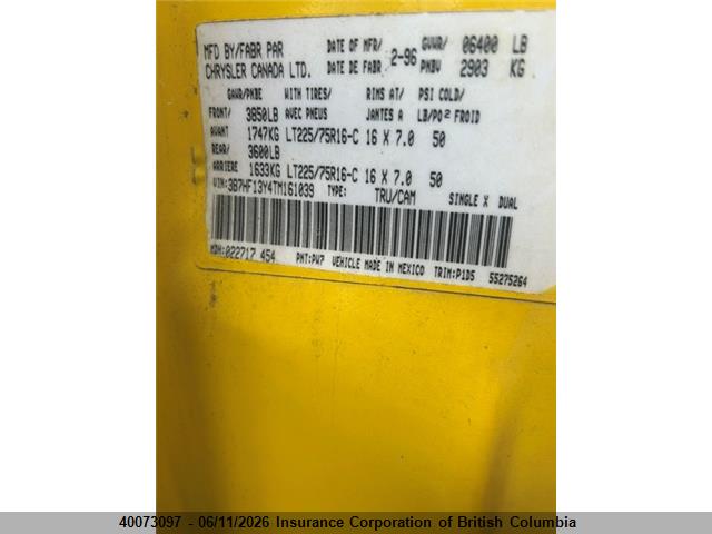 40073097 :رقم المزاد ، 3B7HF13Y4TM161039 vin ، 1996 Dodge Ram 1500 مزاد بيع