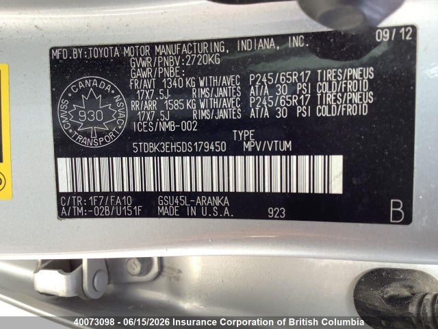 40073098 :رقم المزاد ، 5TDBK3EH5DS179450 vin ، 2013 Toyota Highlander Plus/se مزاد بيع