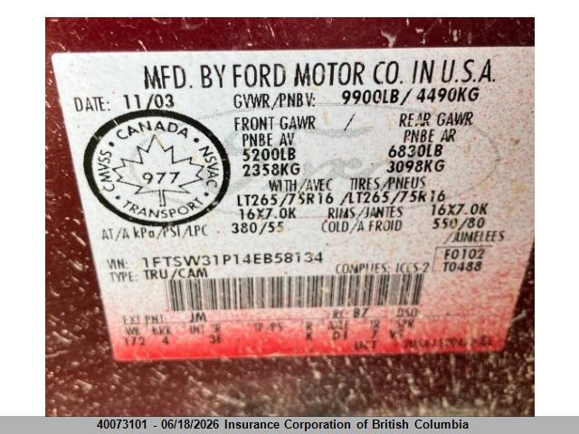 Продаж на аукціоні авто 2004 Ford F350, vin: 1FTSW31P14EB58134, номер лоту: 40073101