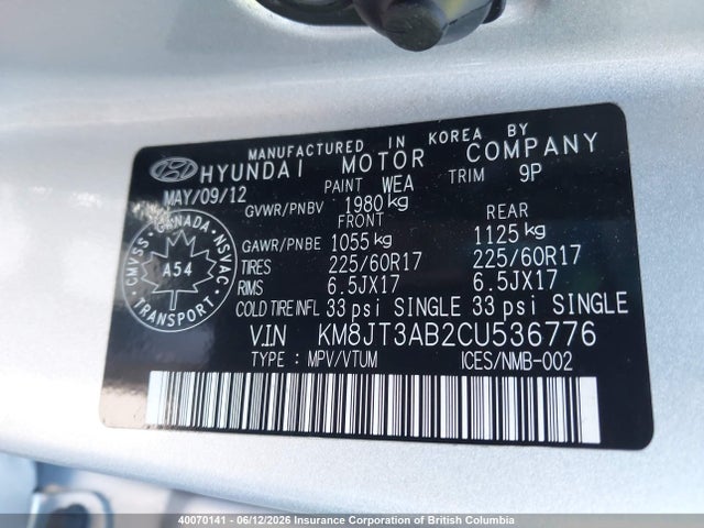 Продаж на аукціоні авто 2012 Hyundai Tucson Gl, vin: KM8JT3AB2CU536776, номер лоту: 40070141