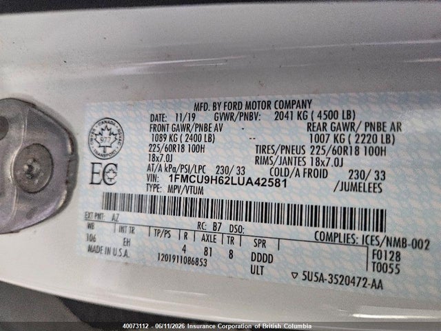 Продажа на аукционе авто 2020 Ford Escape Sel, vin: 1FMCU9H62LUA42581, номер лота: 40073112