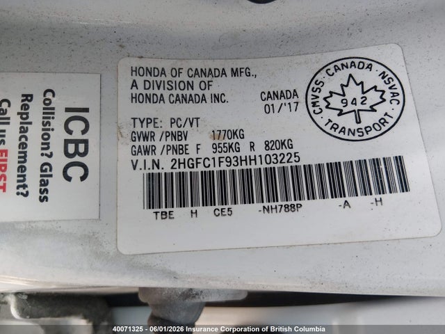 Продаж на аукціоні авто 2017 Honda Civic Touring, vin: 2HGFC1F93HH103225, номер лоту: 40071325