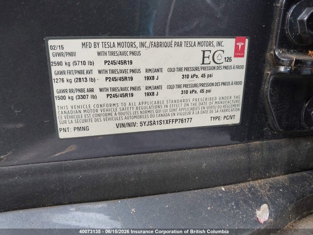 Tesla Model S 60/70/85 2015 5YJSA1S1XFFP76177 Image 9