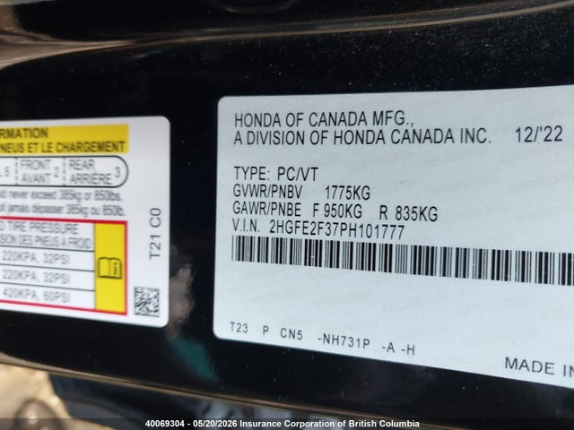2023 Honda Civic Ex მანქანა იყიდება აუქციონზე, vin: 2HGFE2F37PH101777, აუქციონის ნომერი: 40069304