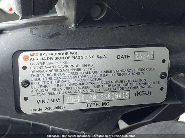 Aukcja sprzedaży 2024 Aprilia Rs 660 Extrema, vin: ZD4KSUR01RS000415, numer aukcji: 40073146