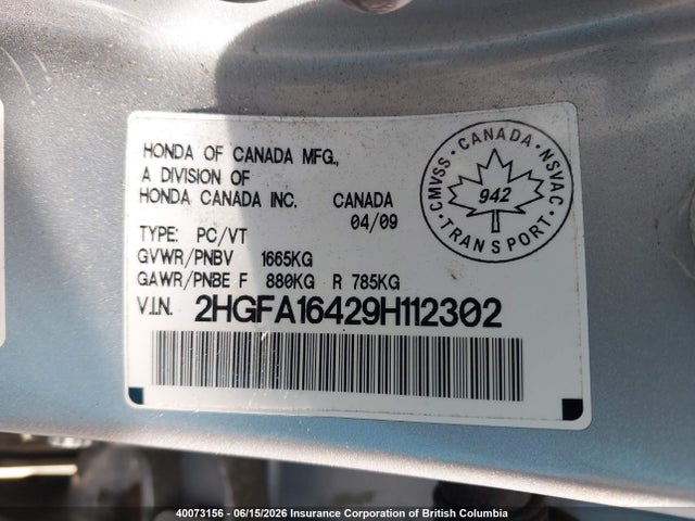 Продаж на аукціоні авто 2009 Honda Civic, vin: 2HGFA16429H112302, номер лоту: 40073156