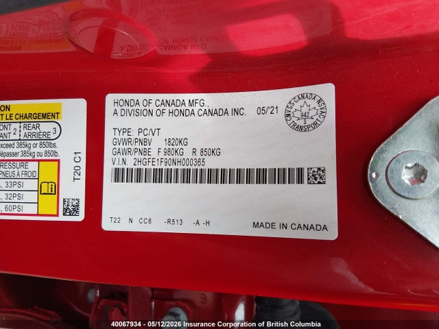 40067934 :رقم المزاد ، 2HGFE1F90NH000365 vin ، 2022 Honda Civic Touring مزاد بيع