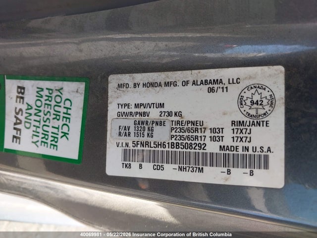 40069981 :رقم المزاد ، 5FNRL5H61BB508292 vin ، 2011 Honda Odyssey Exl مزاد بيع