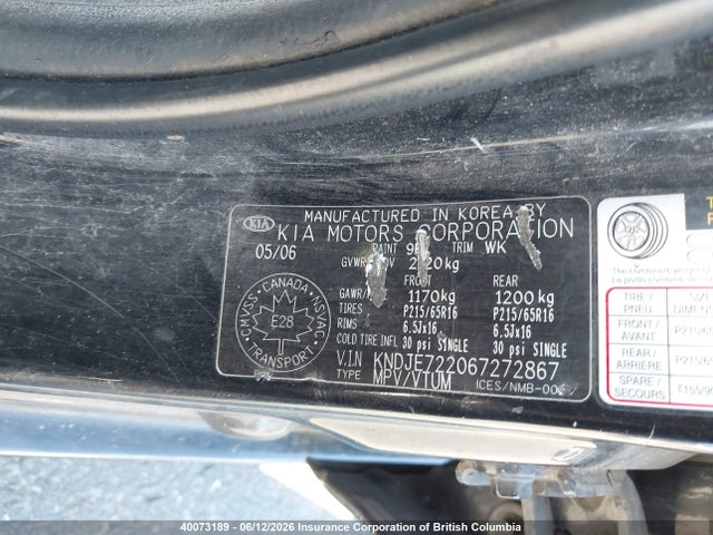 Продажа на аукционе авто 2006 Kia Sportage Lx, vin: KNDJE722067272867, номер лота: 40073189