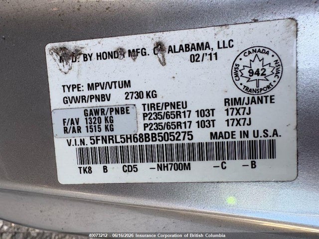 Продаж на аукціоні авто 2011 Honda Odyssey Exl, vin: 5FNRL5H68BB505275, номер лоту: 40073212