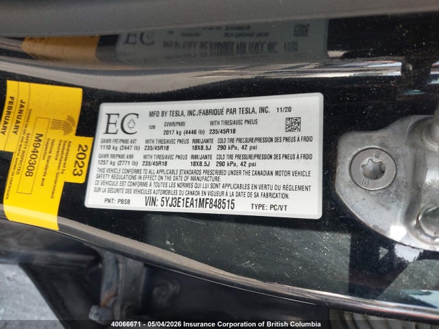 2021 Tesla Model 3 მანქანა იყიდება აუქციონზე, vin: 5YJ3E1EA1MF848515, აუქციონის ნომერი: 40066671