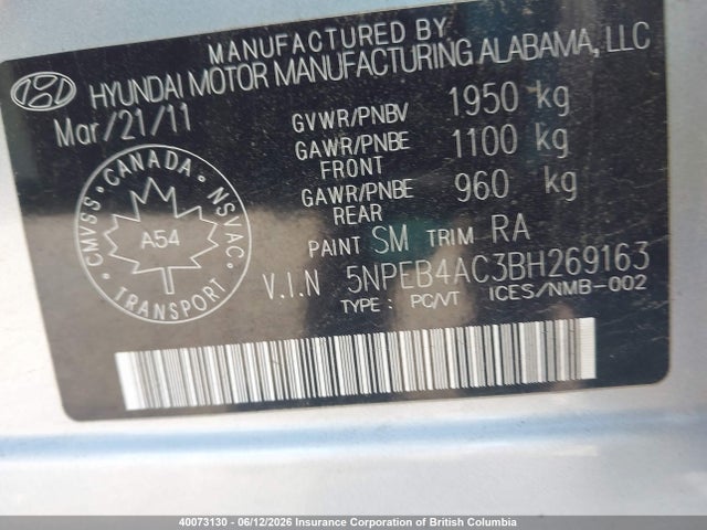 2011 Hyundai Sonata Gls მანქანა იყიდება აუქციონზე, vin: 5NPEB4AC3BH269163, აუქციონის ნომერი: 40073130