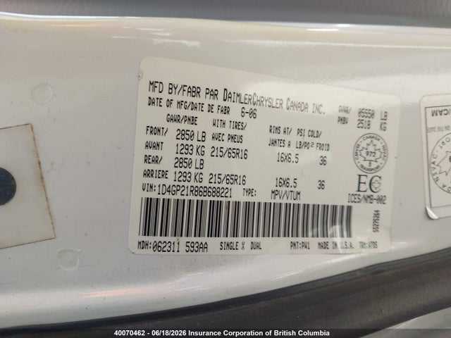 2006 Dodge Caravan C/v მანქანა იყიდება აუქციონზე, vin: 1D4GP21R86B688221, აუქციონის ნომერი: 40070462