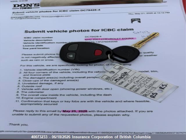 Aukcja sprzedaży 2007 Chevrolet Equinox Ls, vin: 2CNDL13F276045548, numer aukcji: 40073233