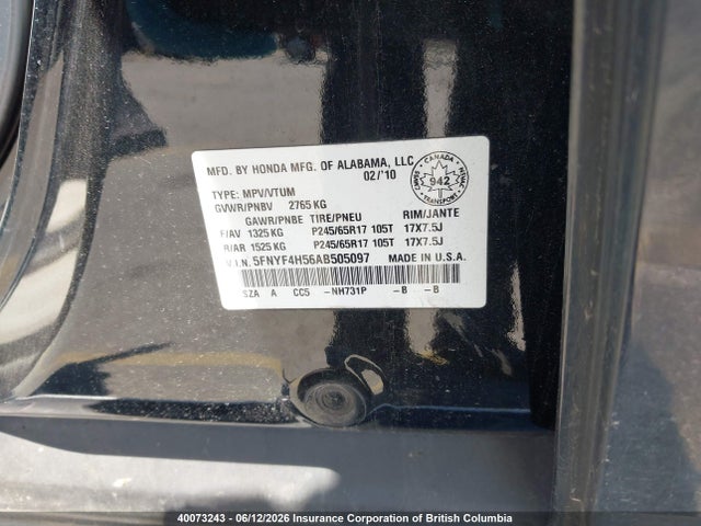 40073243 :رقم المزاد ، 5FNYF4H56AB505097 vin ، 2010 Honda Pilot مزاد بيع
