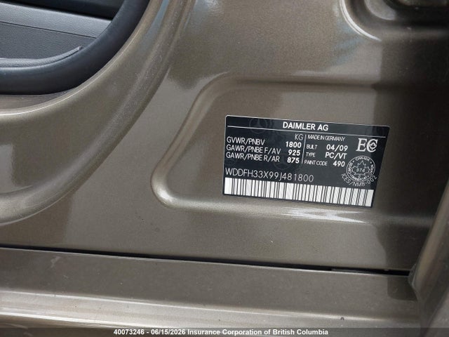40073246 :رقم المزاد ، WDDFH33X99J481800 vin ، 2009 Mercedes-benz B200 مزاد بيع