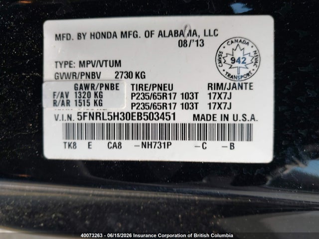 Продаж на аукціоні авто 2014 Honda Odyssey Se, vin: 5FNRL5H30EB503451, номер лоту: 40073263
