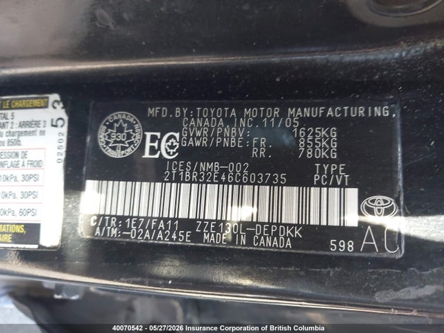 40070542 :رقم المزاد ، 2T1BR32E46C603735 vin ، 2006 Toyota Corolla Ce/le/s مزاد بيع