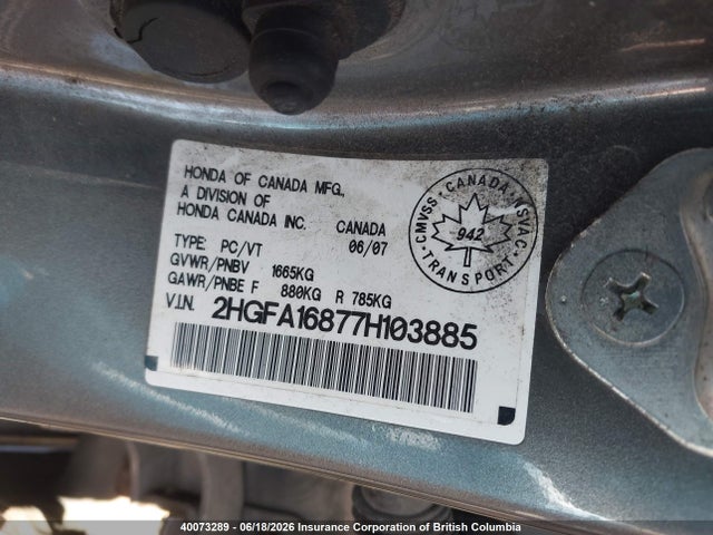 Продаж на аукціоні авто 2007 Honda Civic, vin: 2HGFA16877H103885, номер лоту: 40073289