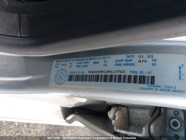 40073295 :رقم المزاد ، 3VWSE69M13M117703 vin ، 2003 Volkswagen Jetta مزاد بيع
