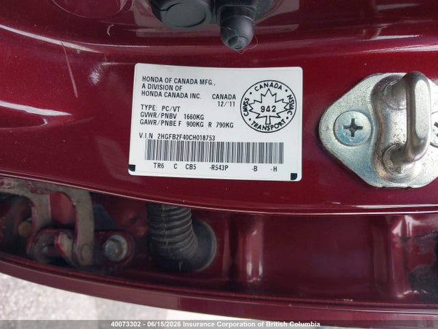 Продаж на аукціоні авто 2012 Honda Civic, vin: 2HGFB2F40CH018753, номер лоту: 40073302