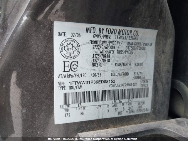 2006 Ford F350 მანქანა იყიდება აუქციონზე, vin: 1FTWW31P36ED08152, აუქციონის ნომერი: 40073304
