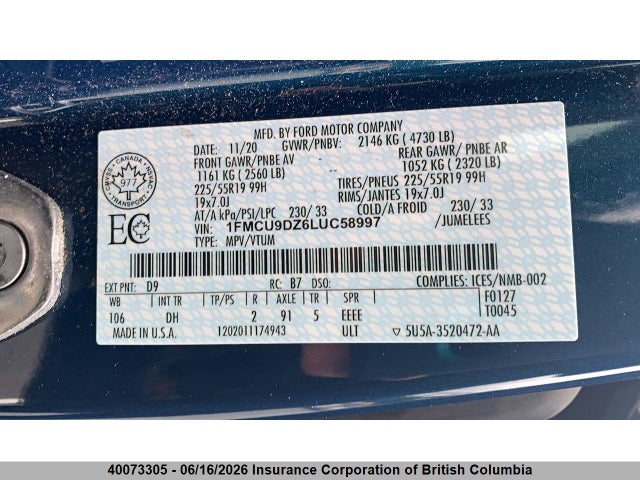 Ford Escape Titanium Hybrid 2020 1FMCU9DZ6LUC58997 Image 9