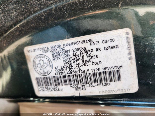 Продаж на аукціоні авто 2000 Toyota Sienna Le/xle, vin: 4T3ZF13C9YU272815, номер лоту: 40073322