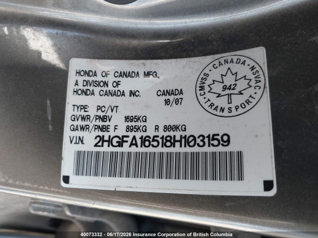 Продаж на аукціоні авто 2008 Honda Civic, vin: 2HGFA16518H103159, номер лоту: 40073332