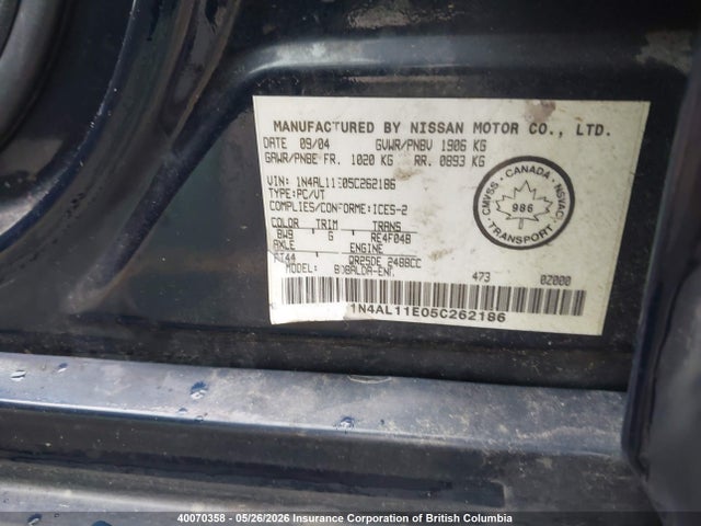 Aukcja sprzedaży 2005 Nissan Altima S/sl, vin: 1N4AL11E05C262186, numer aukcji: 40070358