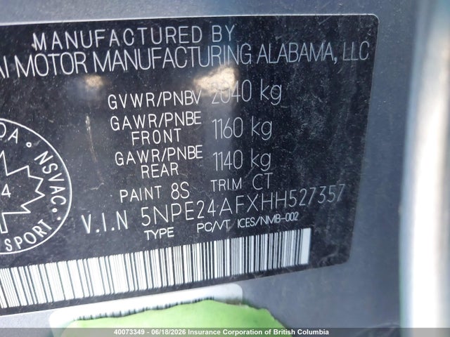 Продаж на аукціоні авто 2017 Hyundai Sonata Se, vin: 5NPE24AFXHH527357, номер лоту: 40073349