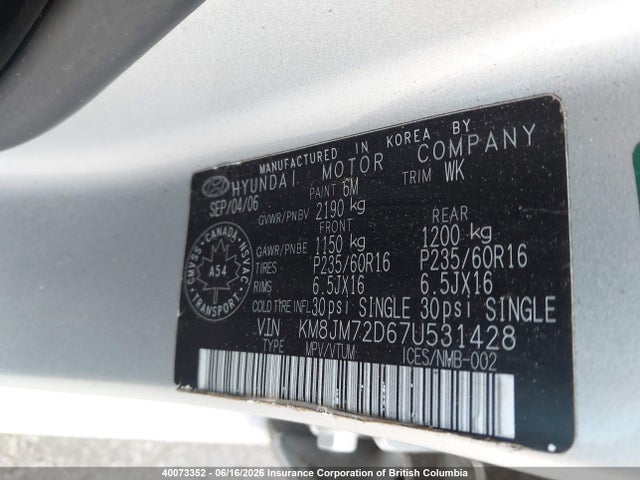 2007 Hyundai Tucson Gl/gls მანქანა იყიდება აუქციონზე, vin: KM8JM72D67U531428, აუქციონის ნომერი: 40073352
