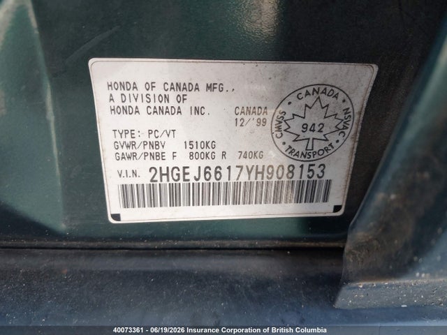 Продажа на аукционе авто 2000 Honda Civic, vin: 2HGEJ6617YH908153, номер лота: 40073361