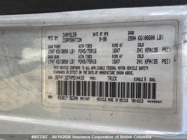 Продаж на аукціоні авто 1999 Dodge Ram 1500, vin: 3B7HF13Z7XM514419, номер лоту: 40073367