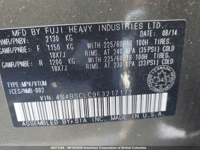 Продаж на аукціоні авто 2015 Subaru Outback 2.5i Limited, vin: 4S4BSCLC9F3217172, номер лоту: 40073386