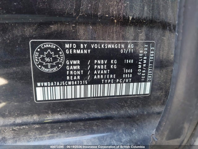 2012 Volkswagen Golf მანქანა იყიდება აუქციონზე, vin: WVWDA7AJ5CW047315, აუქციონის ნომერი: 40073395