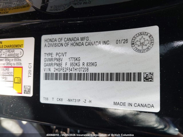 Продаж на аукціоні авто 2026 Honda Civic Sport, vin: 2HGFE2F54TH107208, номер лоту: 40066818