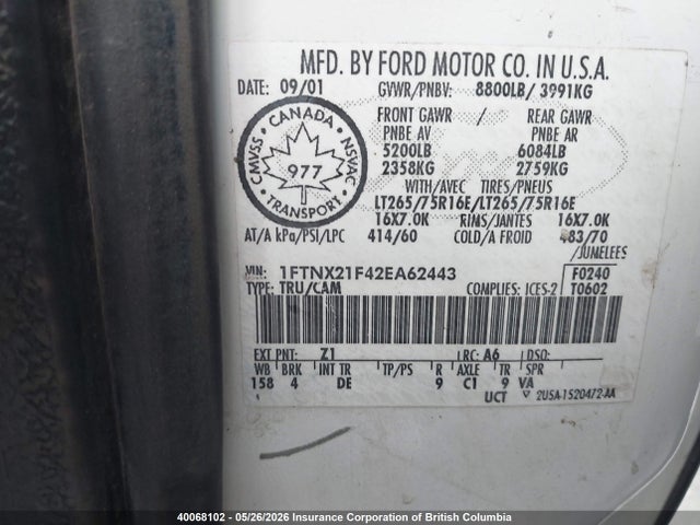 Продаж на аукціоні авто 2002 Ford F250 Super Duty, vin: 1FTNX21F42EA62443, номер лоту: 40068102