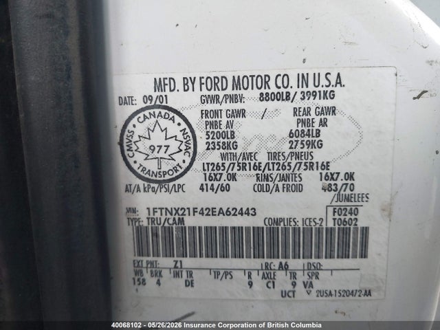Продаж на аукціоні авто 2002 Ford F250 Super Duty, vin: 1FTNX21F42EA62443, номер лоту: 40068102