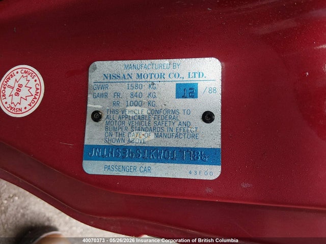 Aukcja sprzedaży 1989 Nissan 240sx, vin: JN1HS36S1KW017786, numer aukcji: 40070373