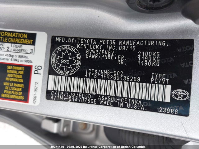 40071480 :رقم المزاد ، 4T1BF1FK2GU138269 vin ، 2016 Toyota Camry Le/xle/se/xse مزاد بيع