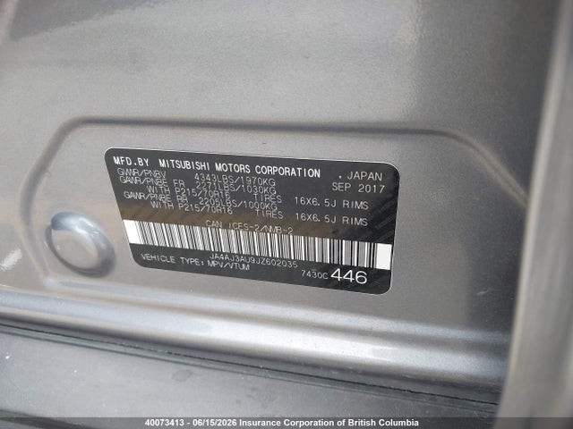 40073413 :رقم المزاد ، JA4AJ3AU9JZ602035 vin ، 2018 Mitsubishi Rvr مزاد بيع